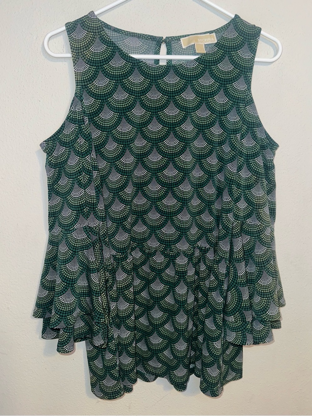 Michael Kors Green and White Scallop Dot Peplum Top